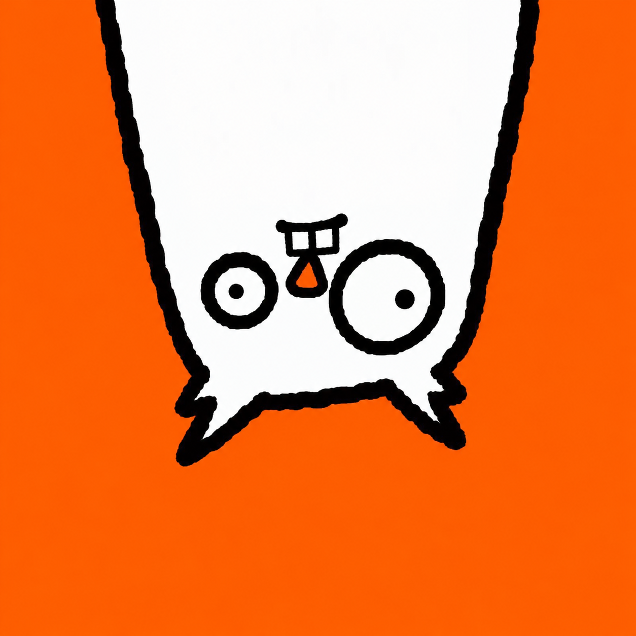 An upside-down white owl with mismatched eyes and two little teeth on orange.